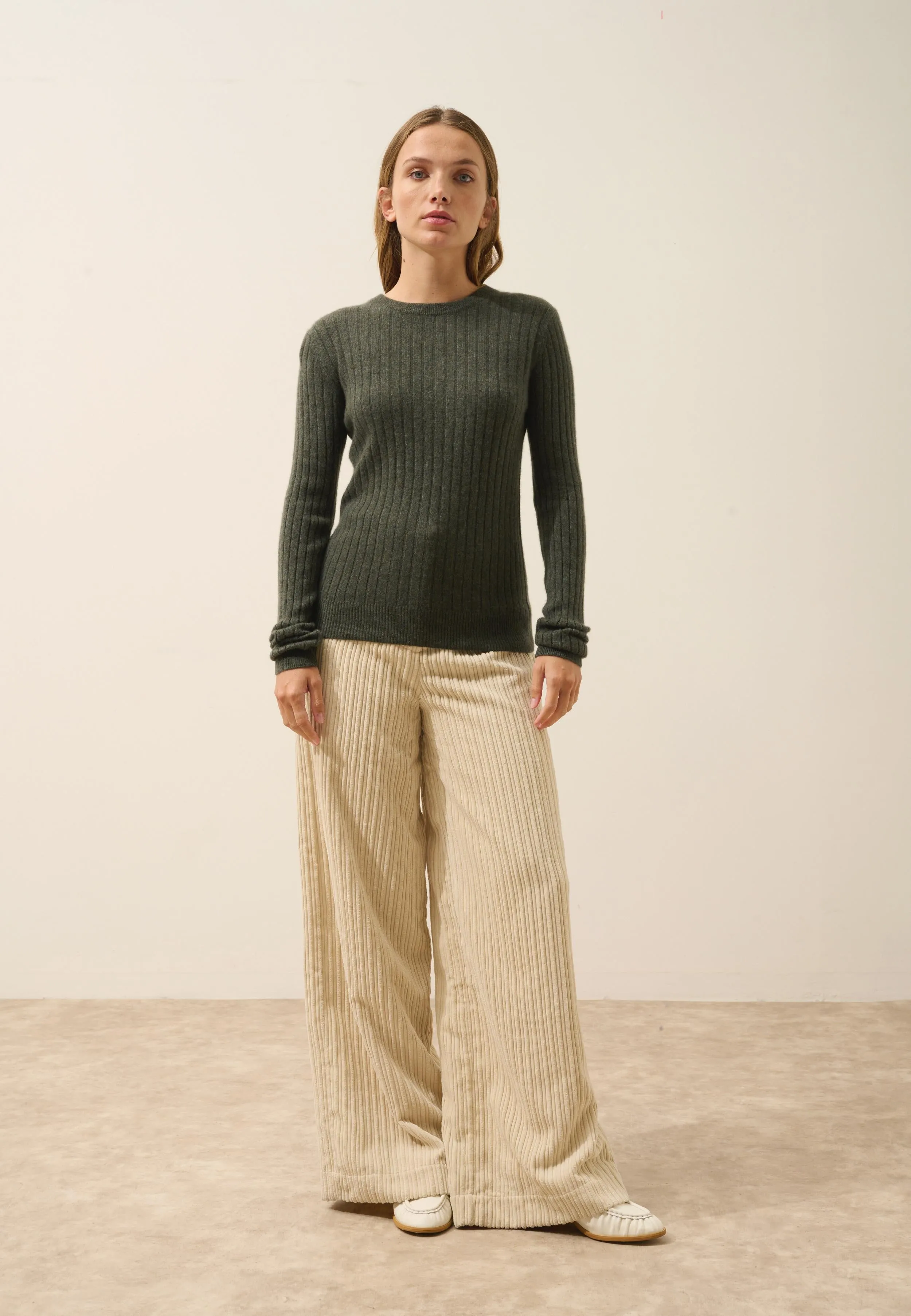AVANA pull col rond kaki chiné