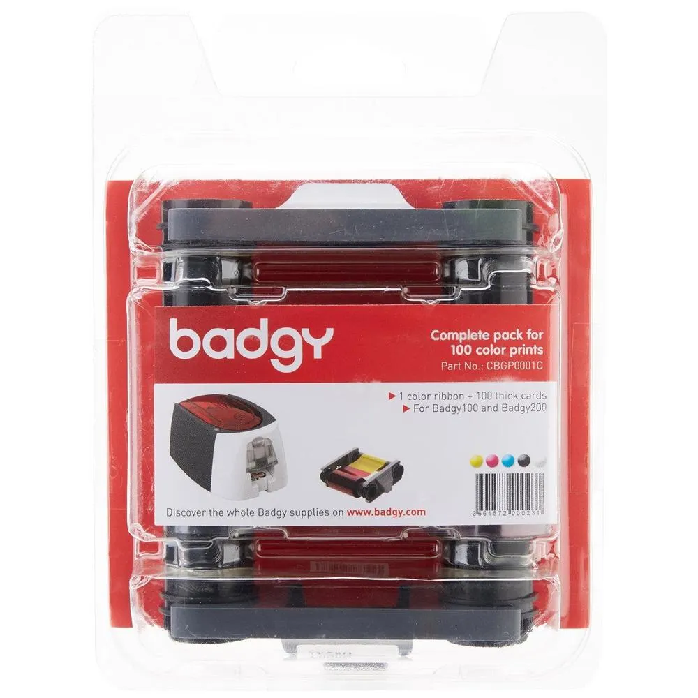 Badgy ruban couleur ymcko 100 impressions + 100 cartes pvc épaisses (0,76mm)