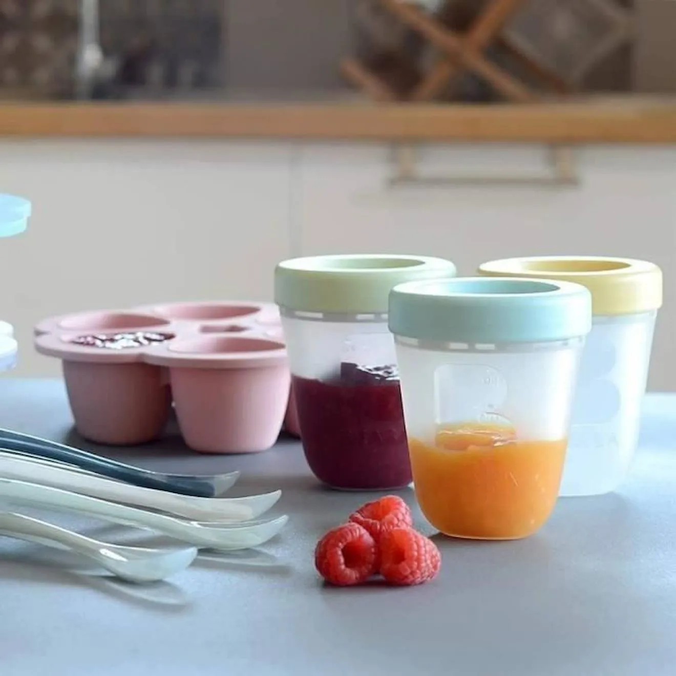 BEABA Multiportions en silicone de qualité premium, résistance thermique, couvercle hermétique, Fabriqué en Italie, 6x90 ml rose