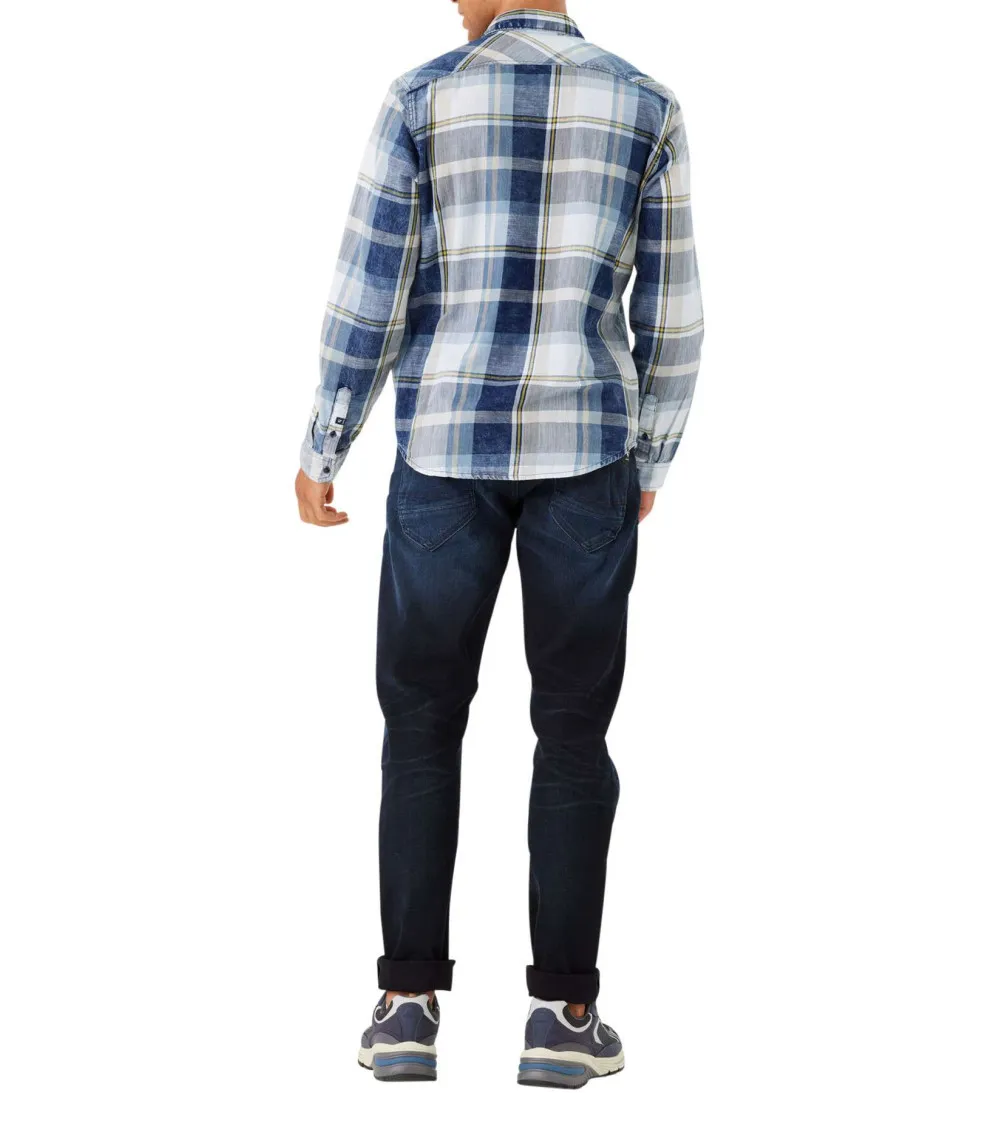 Chemise Garcia en coton avec manches longues et col italien bleue carreaux
