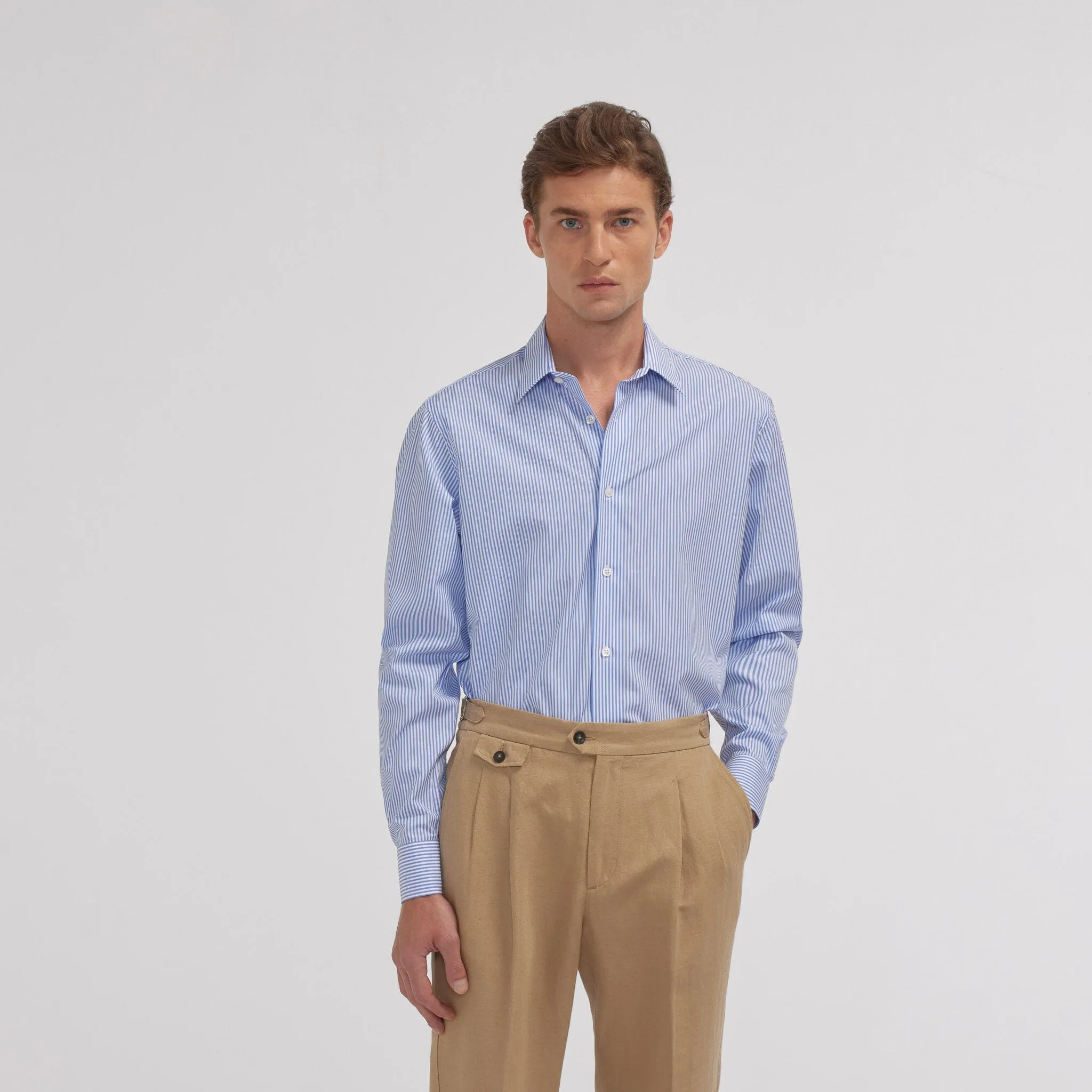 Double-twisted poplin shirt with blue stripes