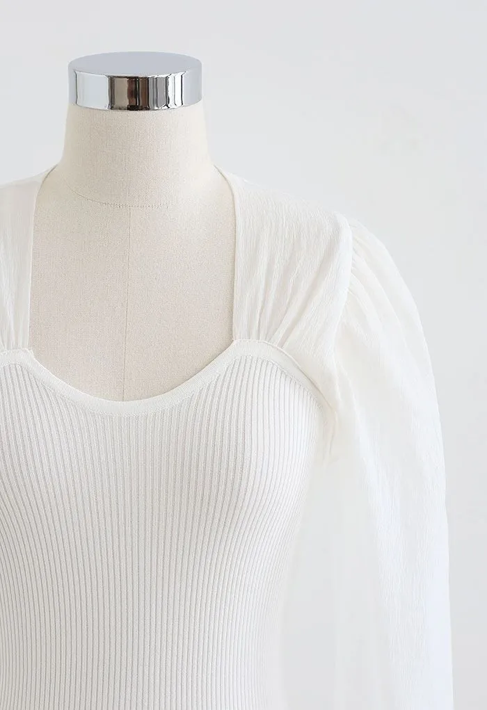 Haut en tricot à manches bulles épissés en blanc