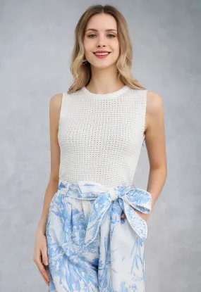 Haut sans manches en tricot ajouré de couleur unie en blanc