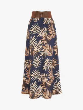 Jupe longue taille haute style corset imprimé tropical - Marine