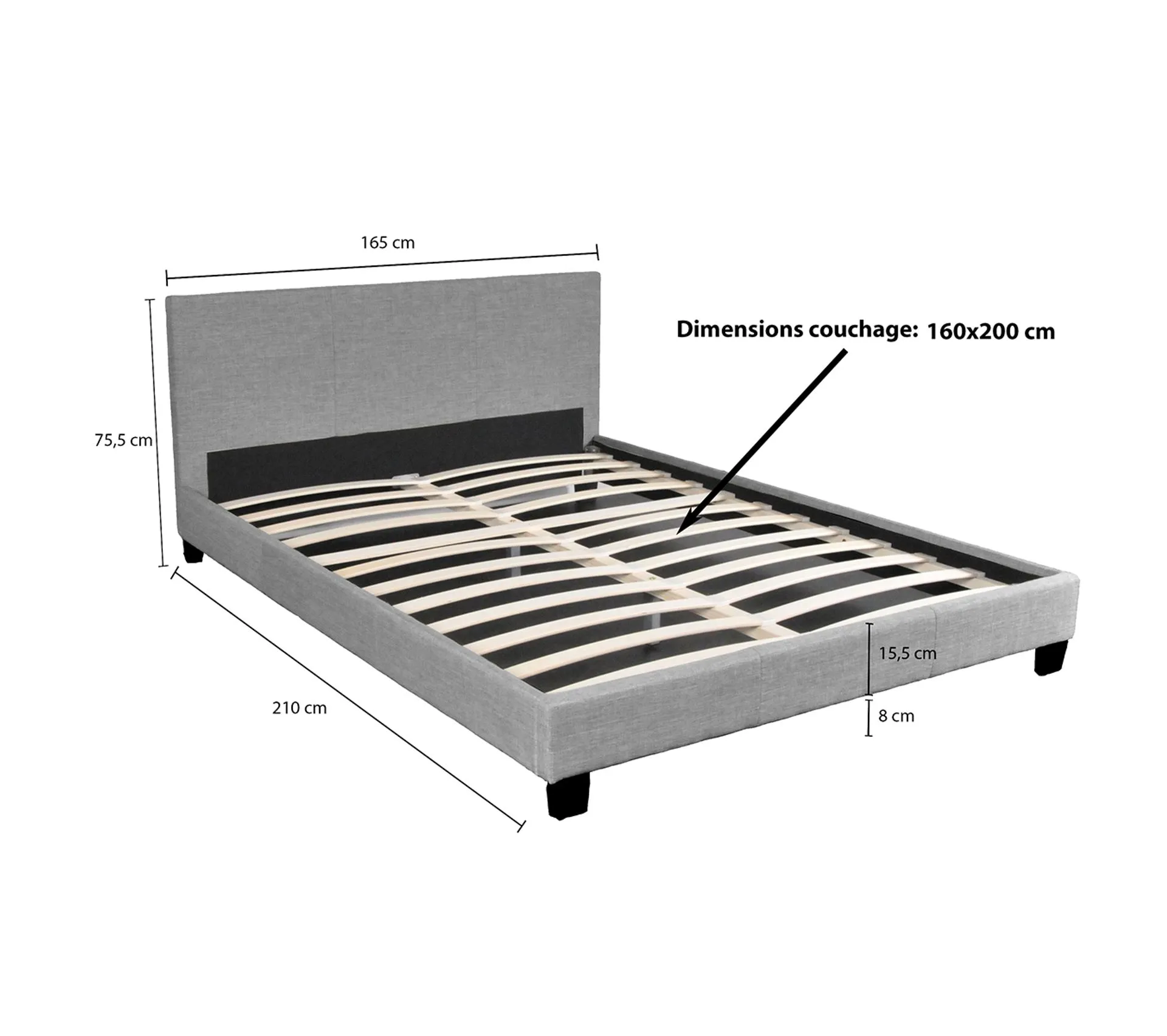 Lit 160x200 Sommier Inclus Dublin Gris Clair