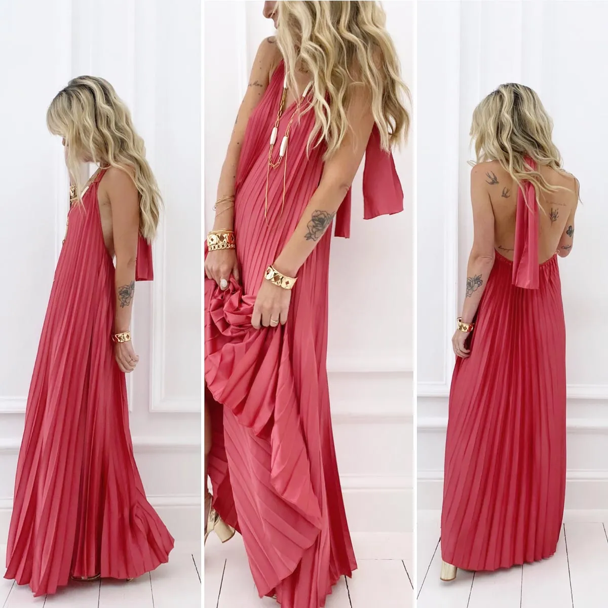 Robe “PEPEROSA” rose plissée dos nu