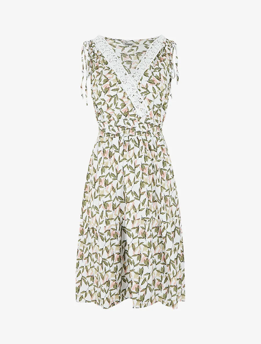 Robe imprimé petites feuilles à col cache-coeur - Blanc