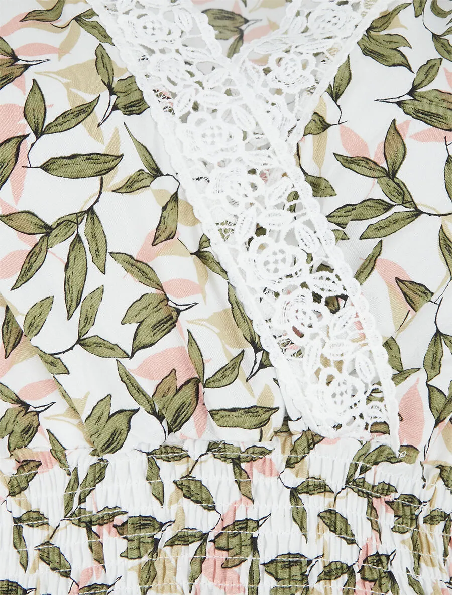 Robe imprimé petites feuilles à col cache-coeur - Blanc