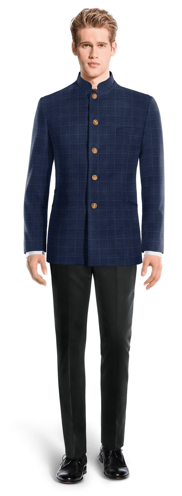 Veste col mao bleu marine à carreaux de mi-saison