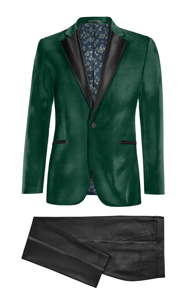 Veste de smoking vert en velours avec revers noir et pantalon noir
